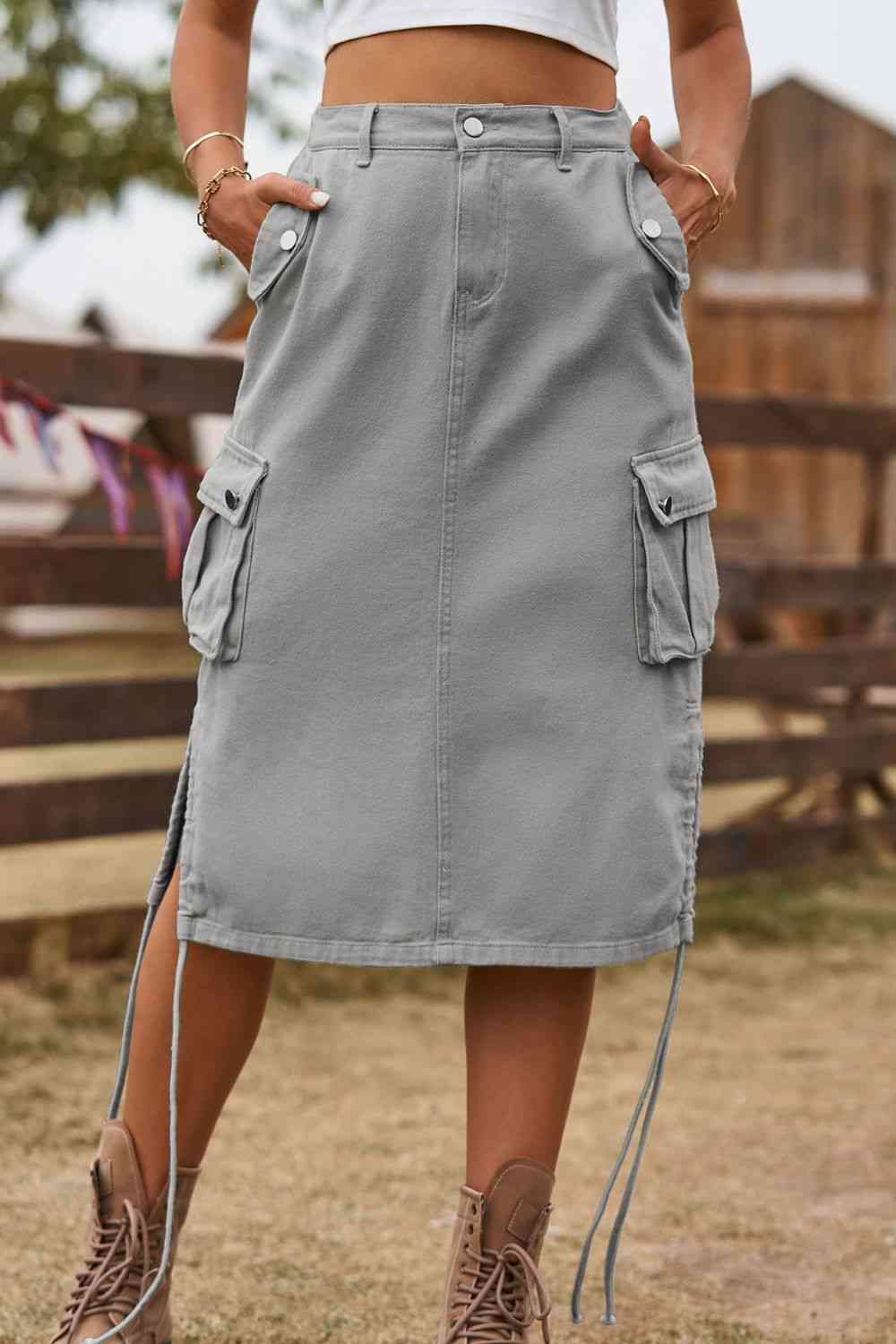 Drawstring Denim Cargo Skirt - Bellisima Clothing Collective