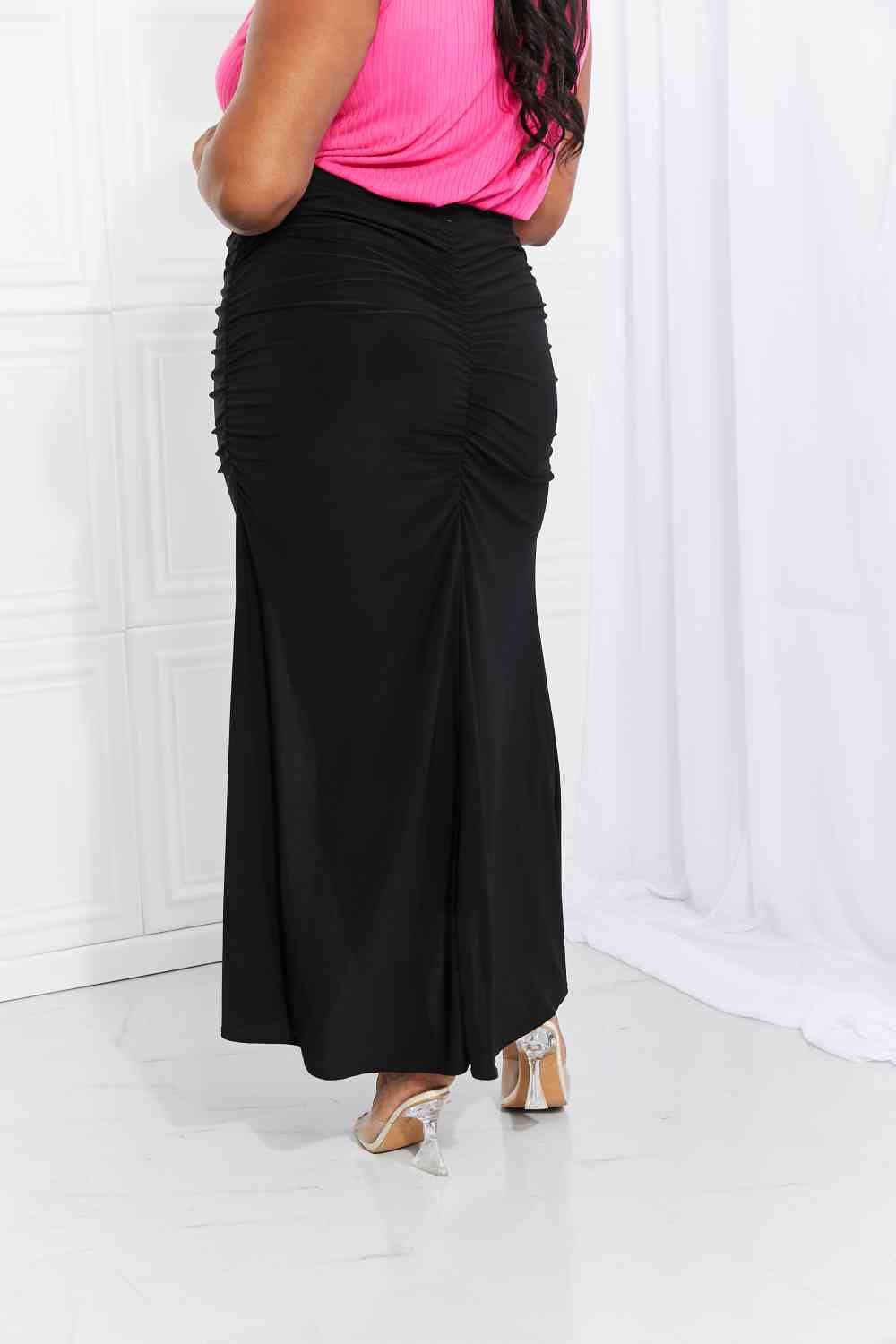 White Birch Full Size Up and Up Ruched Slit Maxi Skirt in Black - Bellisima Clothing Collective