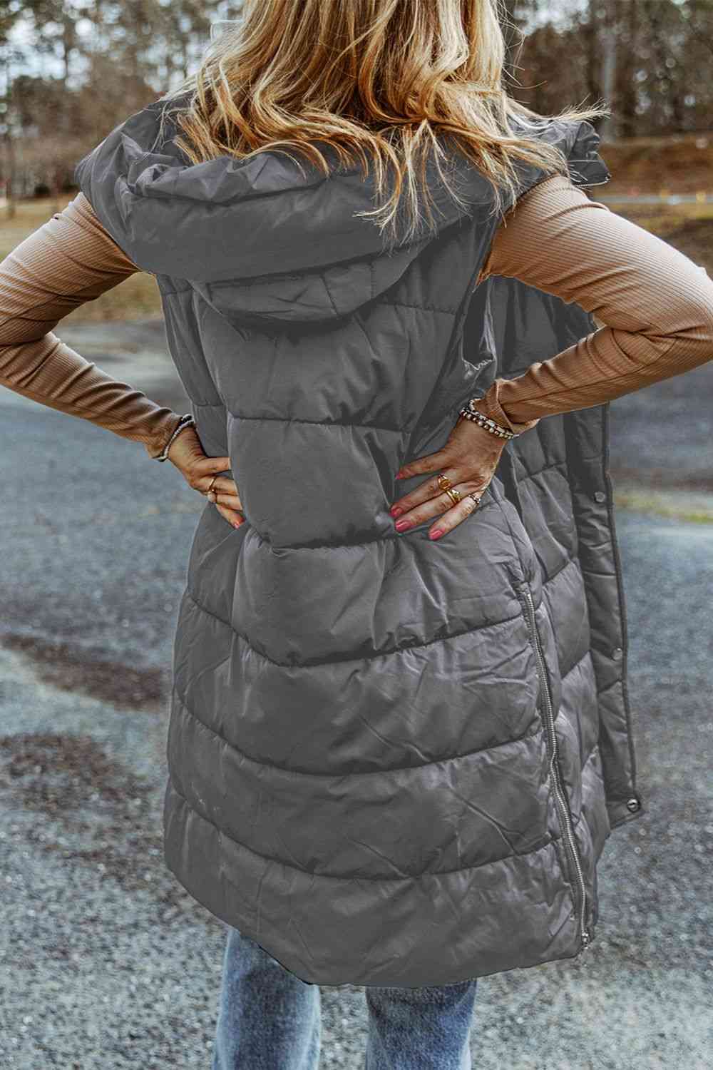 Longline Hooded Sleeveless Puffer Vest - Bellisima Clothing Collective