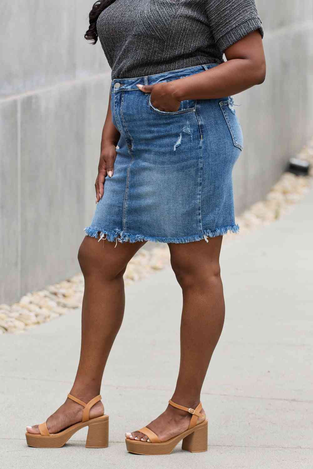 RISEN Amelia Full Size Denim Mini Skirt - Bellisima Clothing Collective