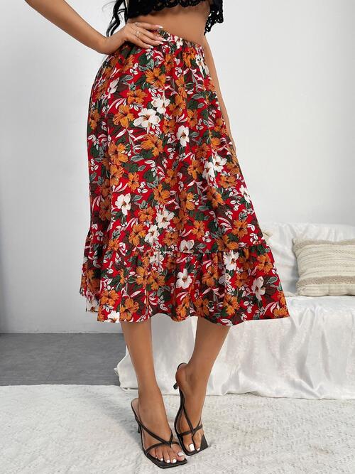 Floral Ruffle Hem Midi Skirt - Bellisima Clothing Collective