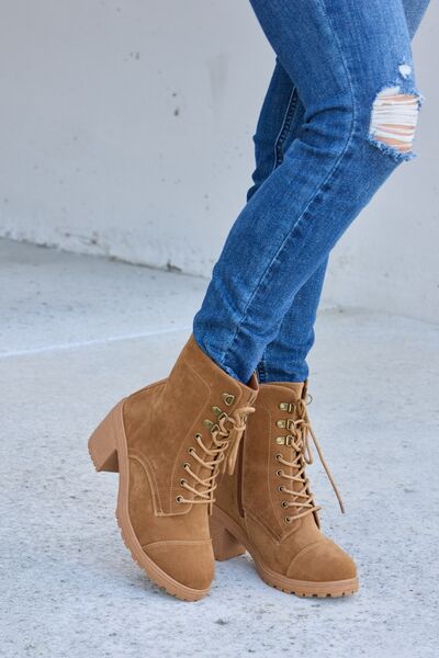 Forever Link Lace-Up Zipper Detail Block Heel Boots - Bellisima Clothing Collective