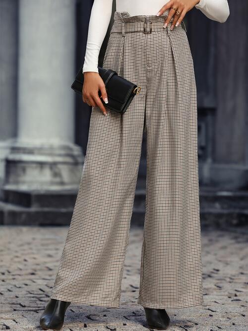 Plaid Wide Leg Pants With Belt - Bellisima Clothing Collective