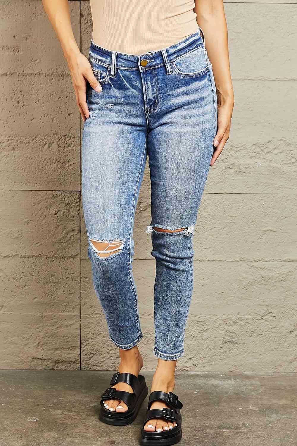 Mid Rise Distressed Skinny Jeans by Bayeas - Bellisima Clothing Collective