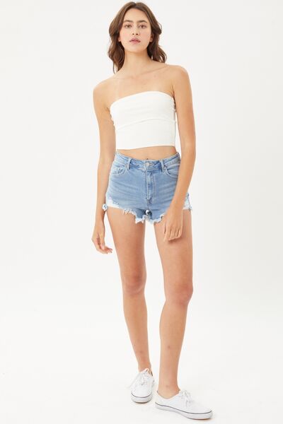 LOVE TREE Raw Hem Cat's Whisker Denim Shorts - Bellisima Clothing Collective