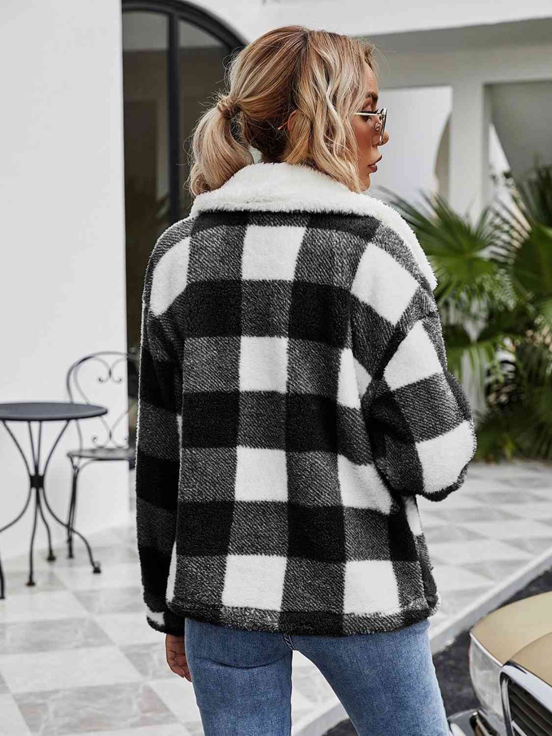 Plaid Zip-Up Collared Jacket - Bellisima Clothing Collective