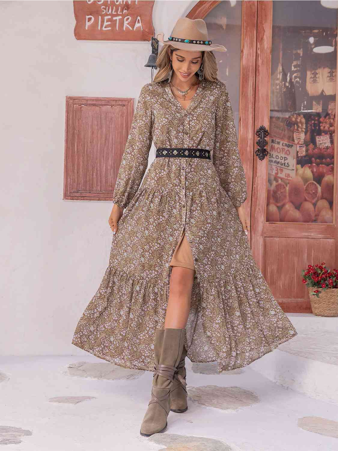 Floral Button Up V-Neck Tiered Dress - Bellisima Clothing Collective