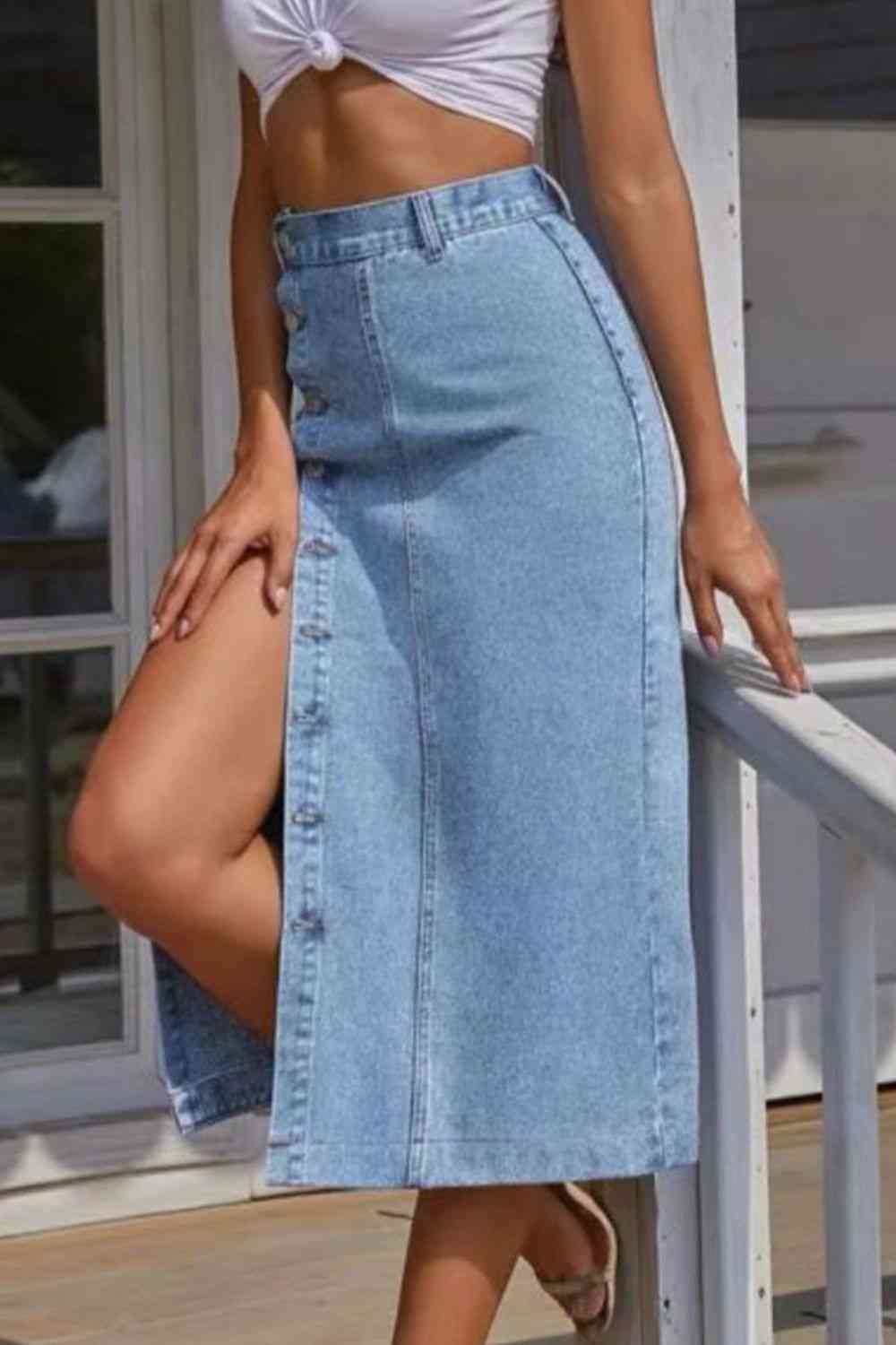 Buttoned Split Denim Skirt - Bellisima Clothing Collective