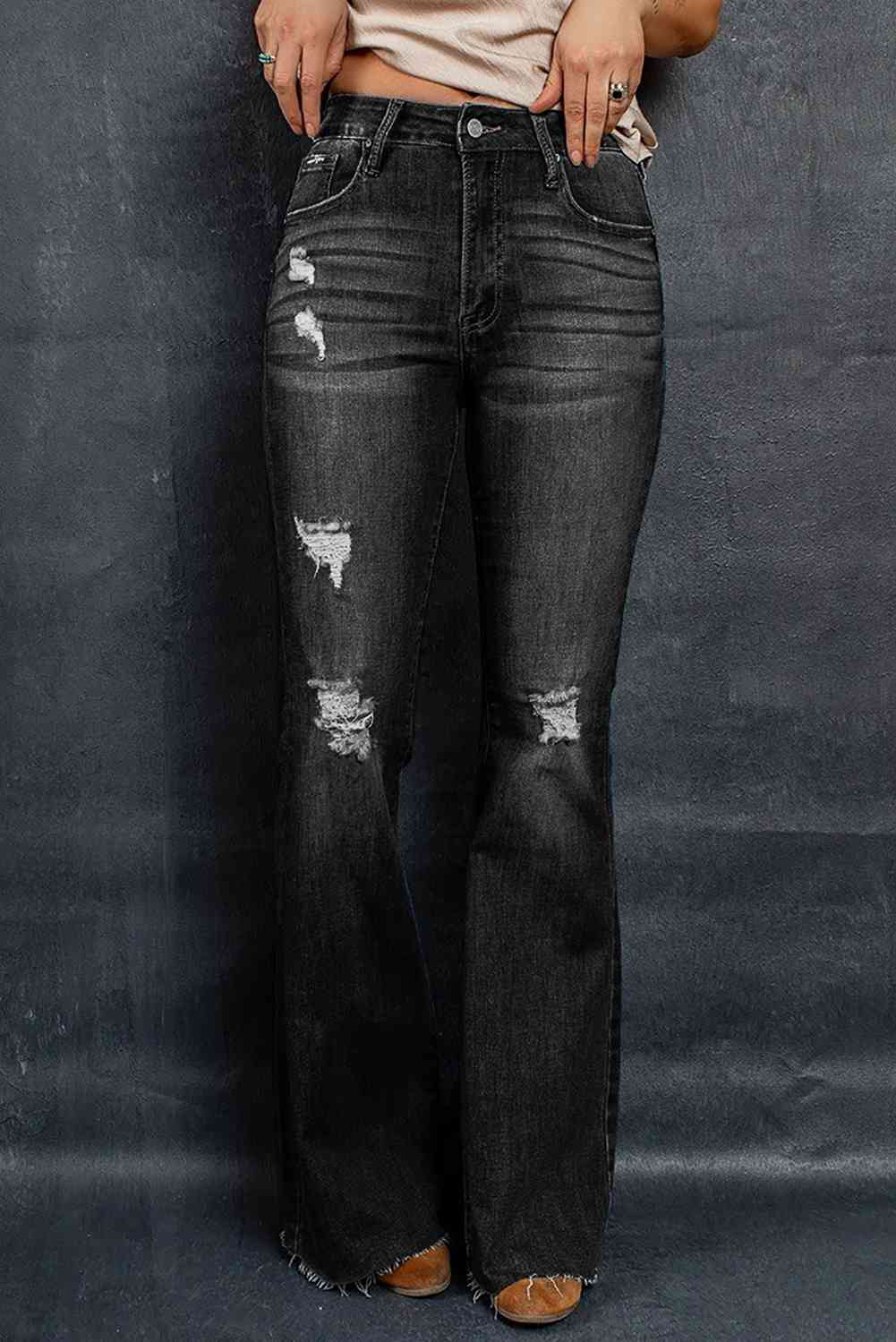 Distressed Raw Hem Flare Jeans - Bellisima Clothing Collective