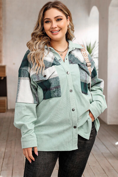 Plus Size Plaid Snap Down Jacket with Pockets - Bellisima Clothing Collective