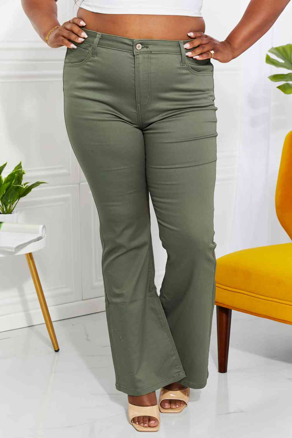 Zenana Clementine Full Size High-Rise Bootcut Jeans in Olive - Bellisima Clothing Collective