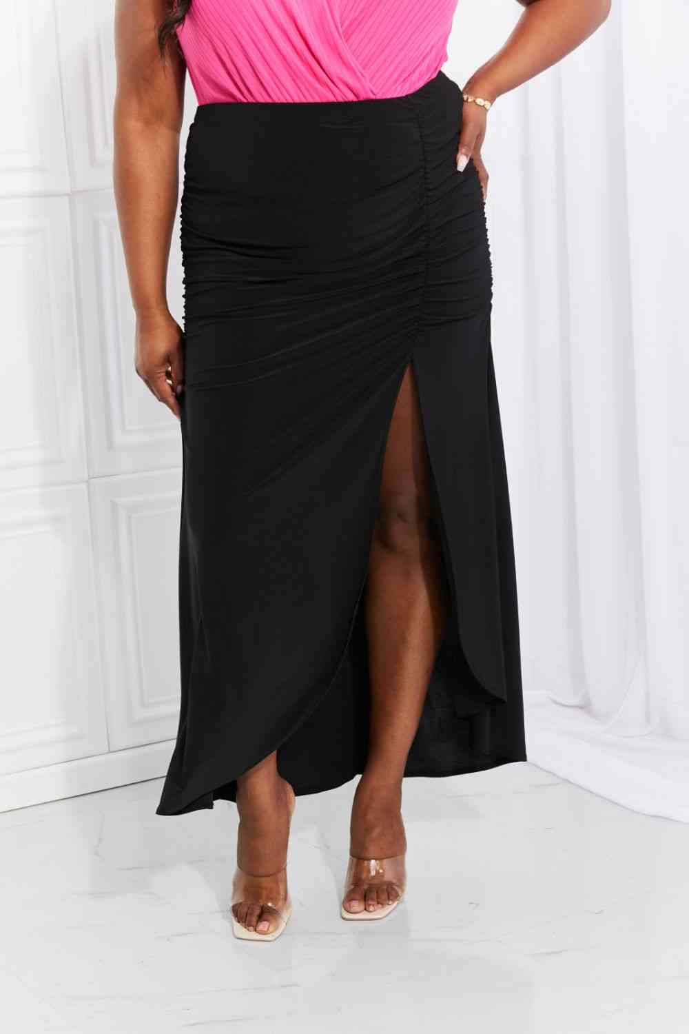 White Birch Full Size Up and Up Ruched Slit Maxi Skirt in Black - Bellisima Clothing Collective