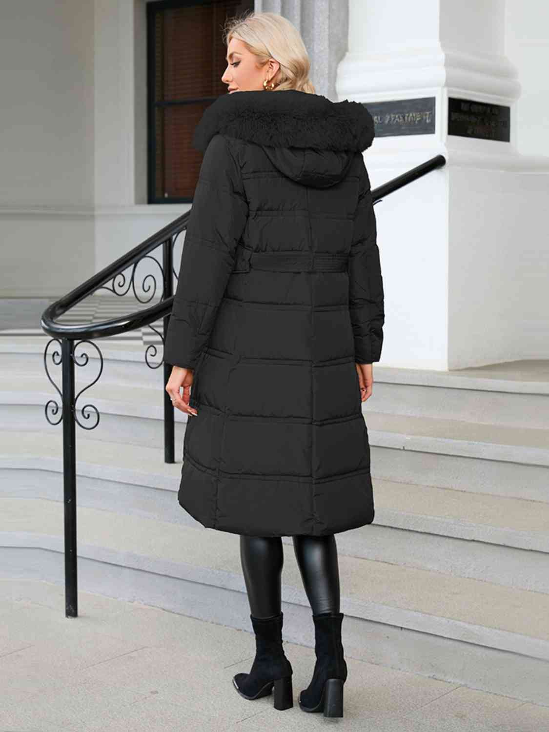 Longline Hooded Winter Coat with Pockets - Bellisima Clothing Collective