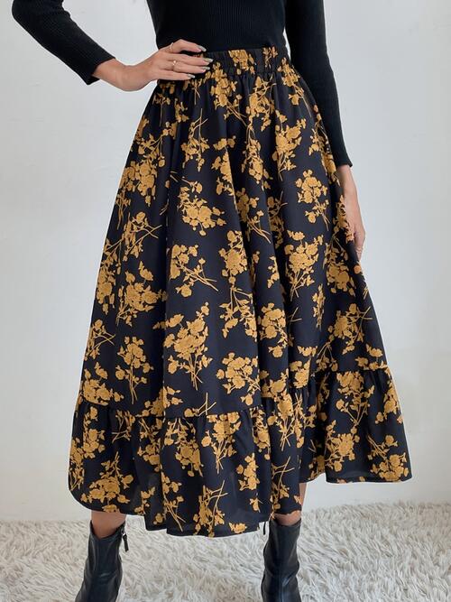 Floral Ruffle Hem Midi Skirt - Bellisima Clothing Collective