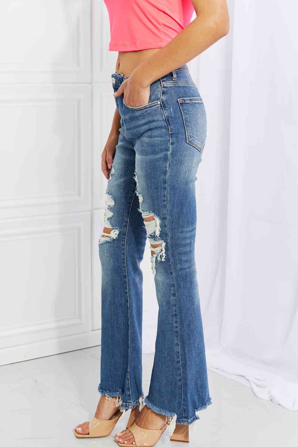 Hazel High Rise Distressed Flare Jeans by Risen - Bellisima Clothing Collective