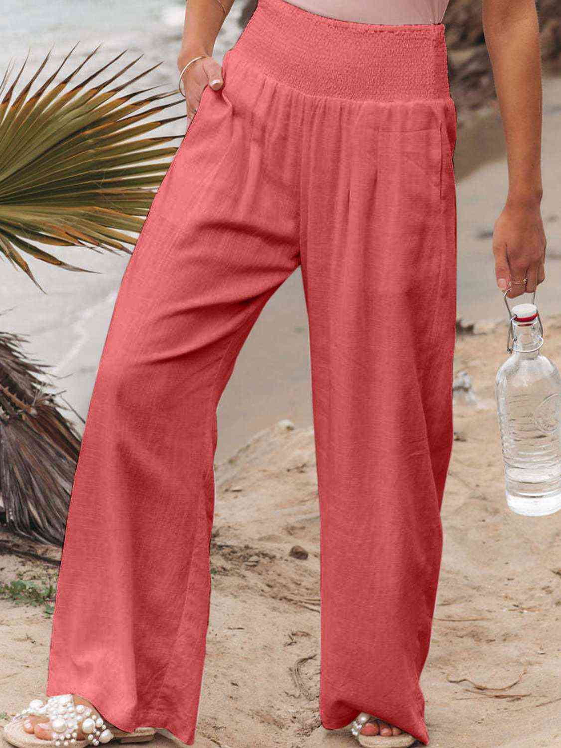 Full Size Smocked Waist Wide Leg Pants - Bellisima Clothing Collective