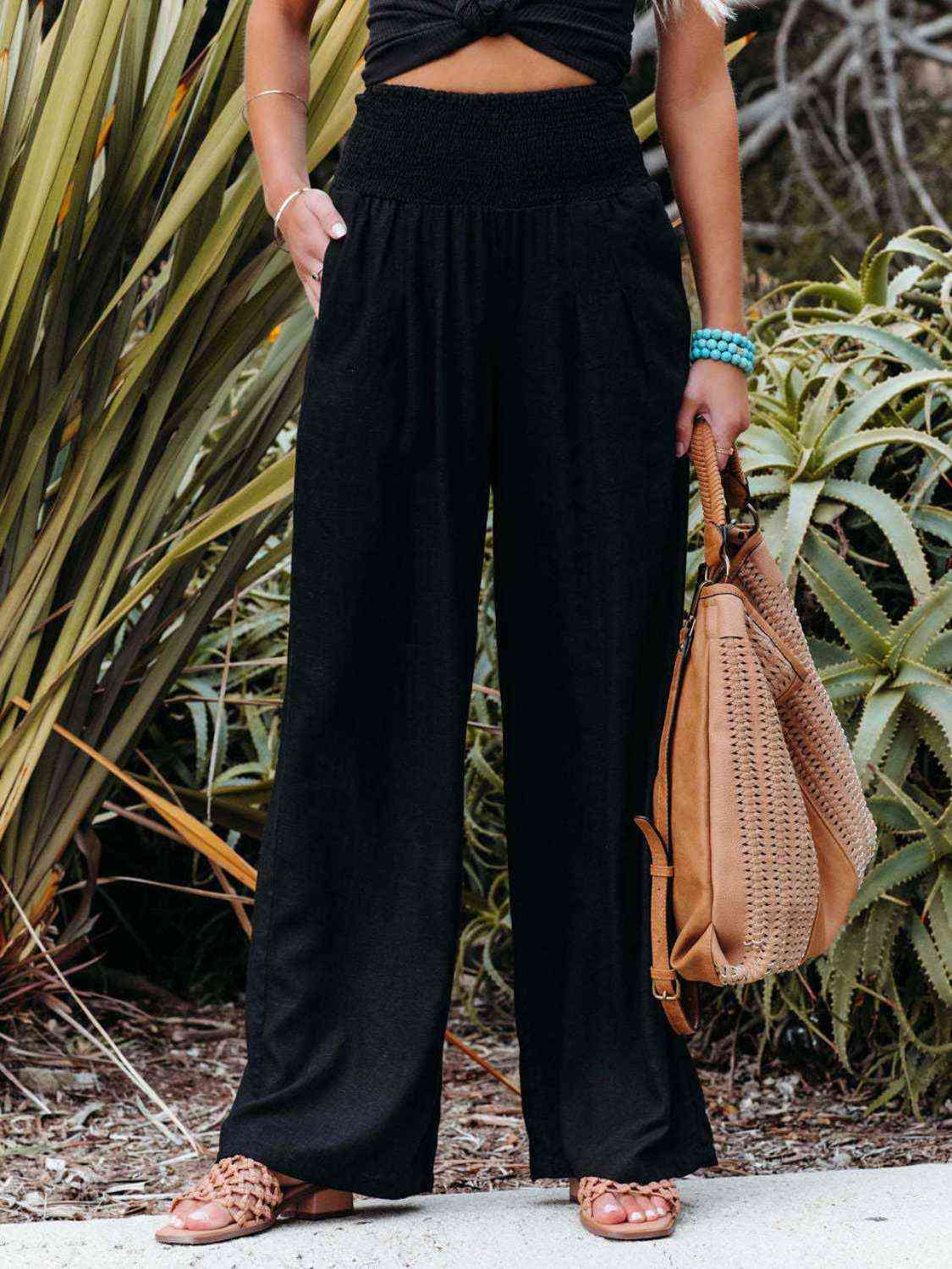 Full Size Smocked Waist Wide Leg Pants - Bellisima Clothing Collective