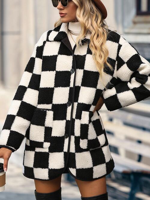 Checkered Button Front Coat with Pockets by Double Take - Bellisima Clothing Collective