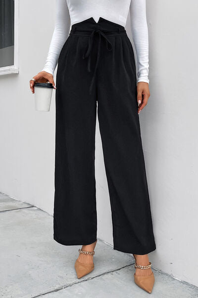 High Waist Tie Front Wide Leg Pants - Bellisima Clothing Collective