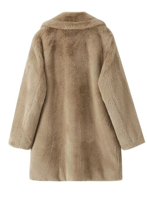 Faux Fur Button Up Lapel Neck Coat with Pocket - Bellisima Clothing Collective