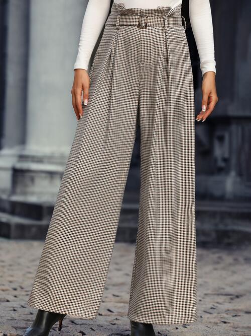 Plaid Wide Leg Pants With Belt - Bellisima Clothing Collective