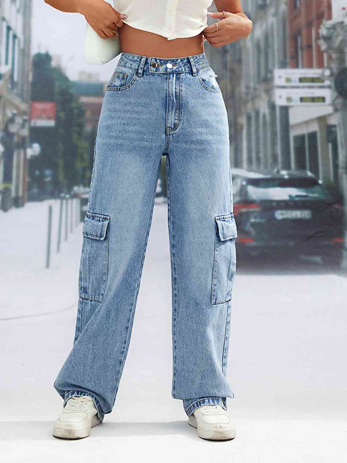 Cargo Wide Leg High Waist Jeans - Bellisima Clothing Collective