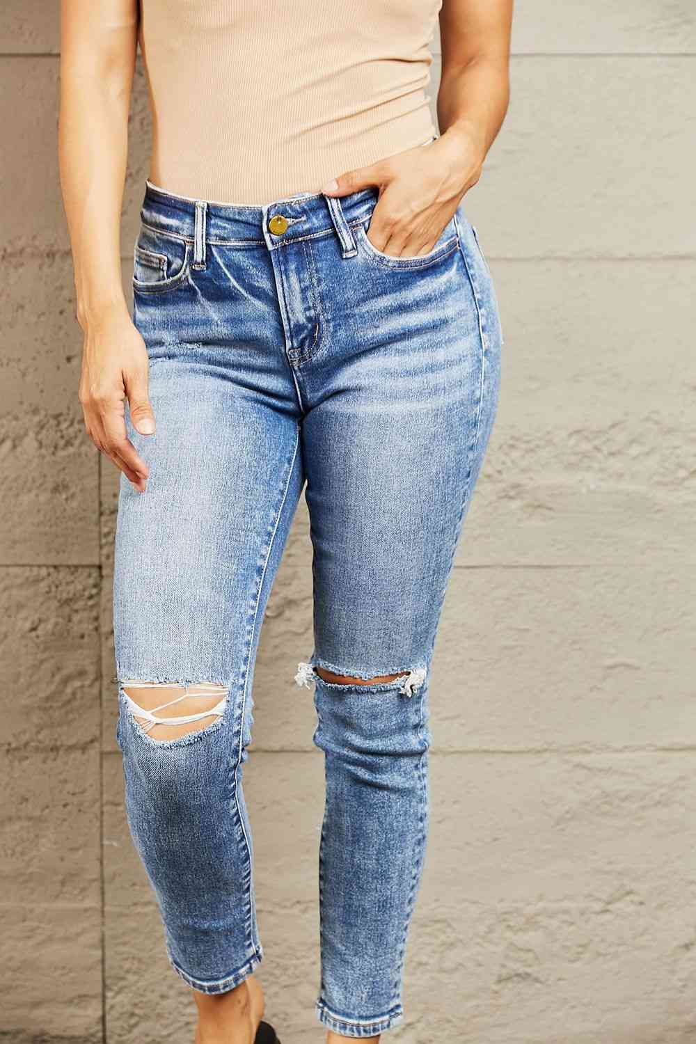 Mid Rise Distressed Skinny Jeans by Bayeas - Bellisima Clothing Collective