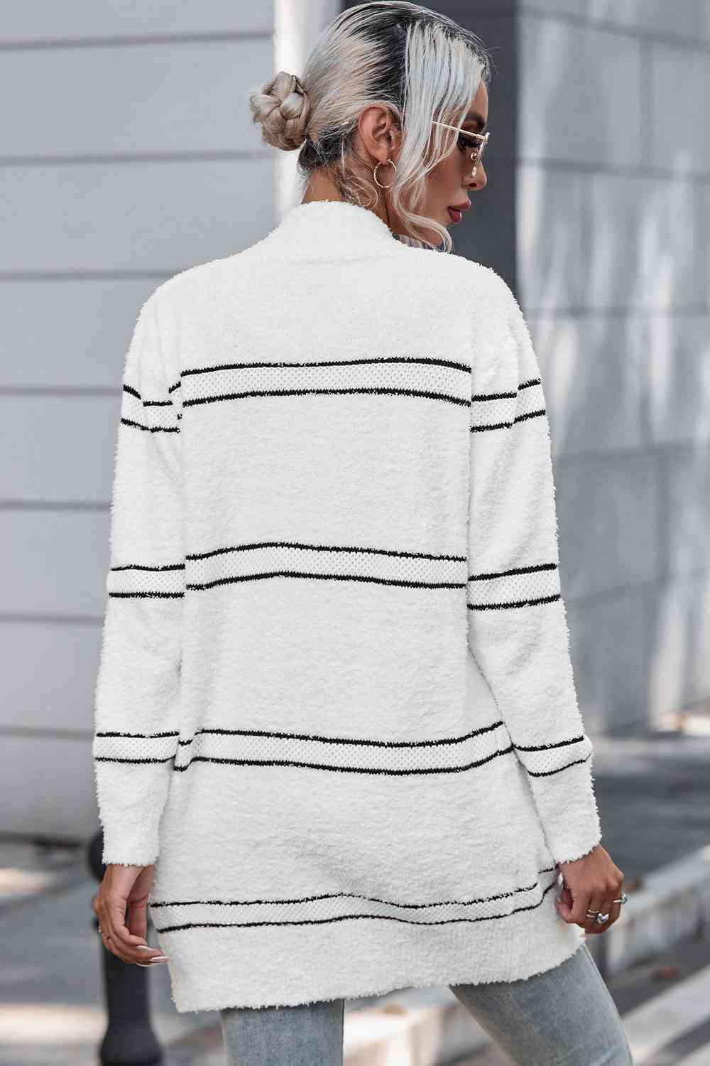 Striped Open Front Cardigan with Pockets - Bellisima Clothing Collective