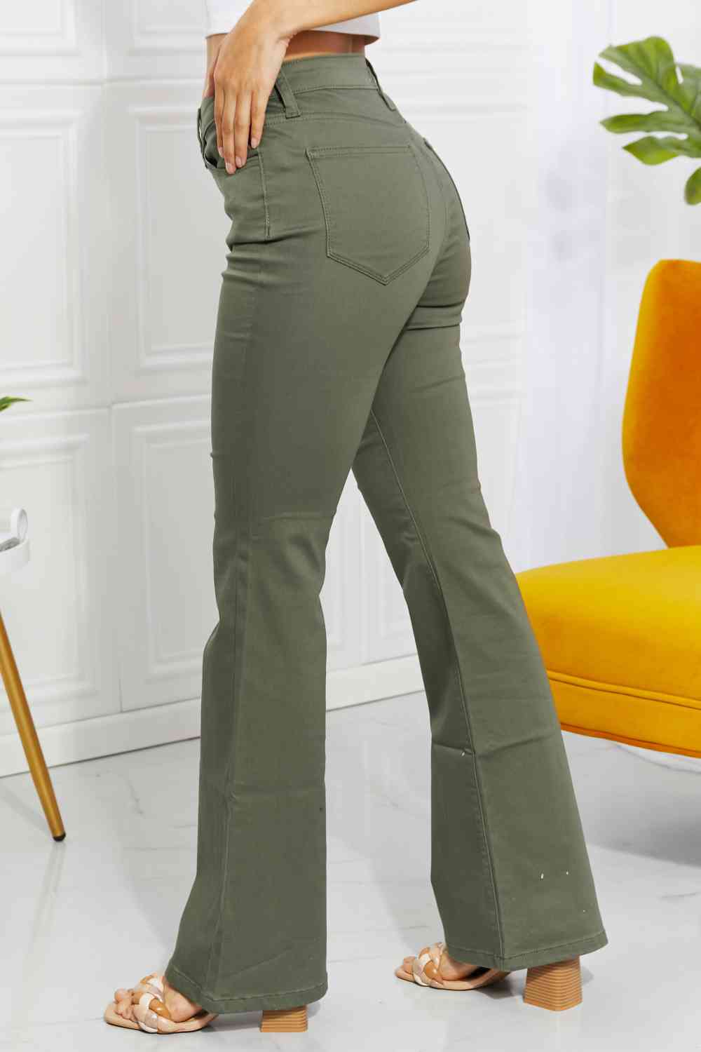 Zenana Clementine Full Size High-Rise Bootcut Jeans in Olive - Bellisima Clothing Collective