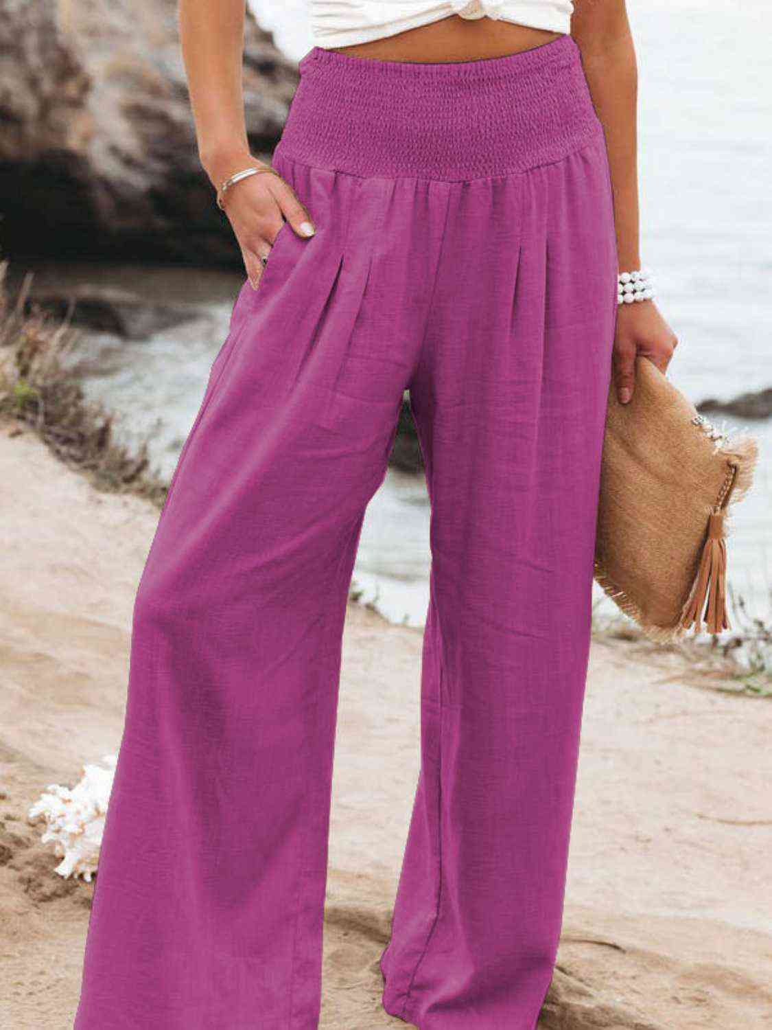 Full Size Smocked Waist Wide Leg Pants - Bellisima Clothing Collective