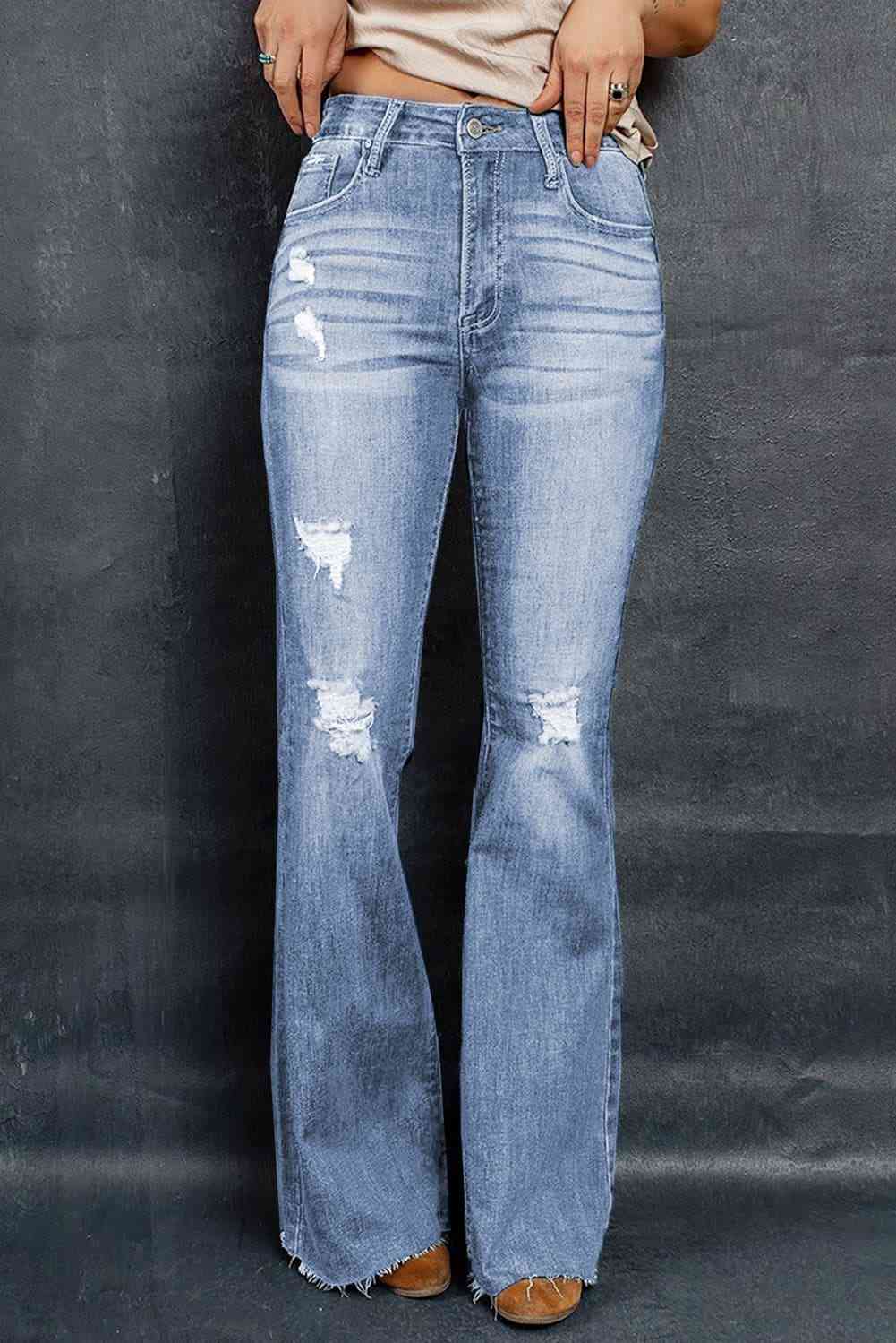 Distressed Raw Hem Flare Jeans - Bellisima Clothing Collective