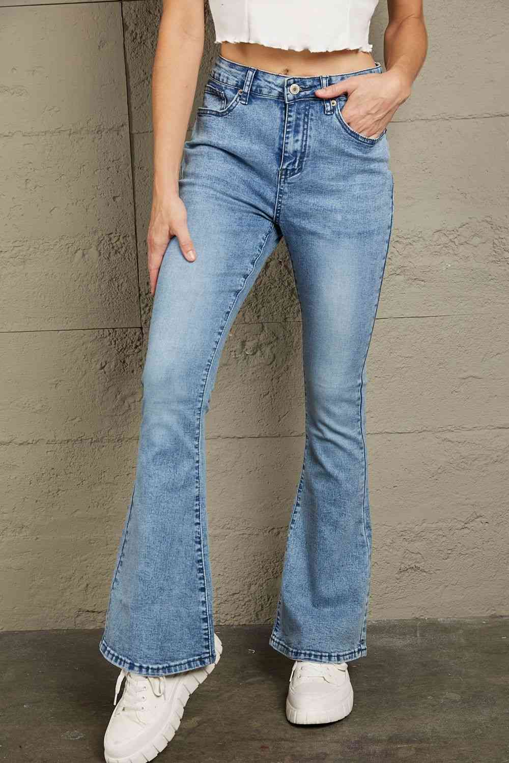 Baeful Vintage Wash Flare Jeans with Pockets - Bellisima Clothing Collective