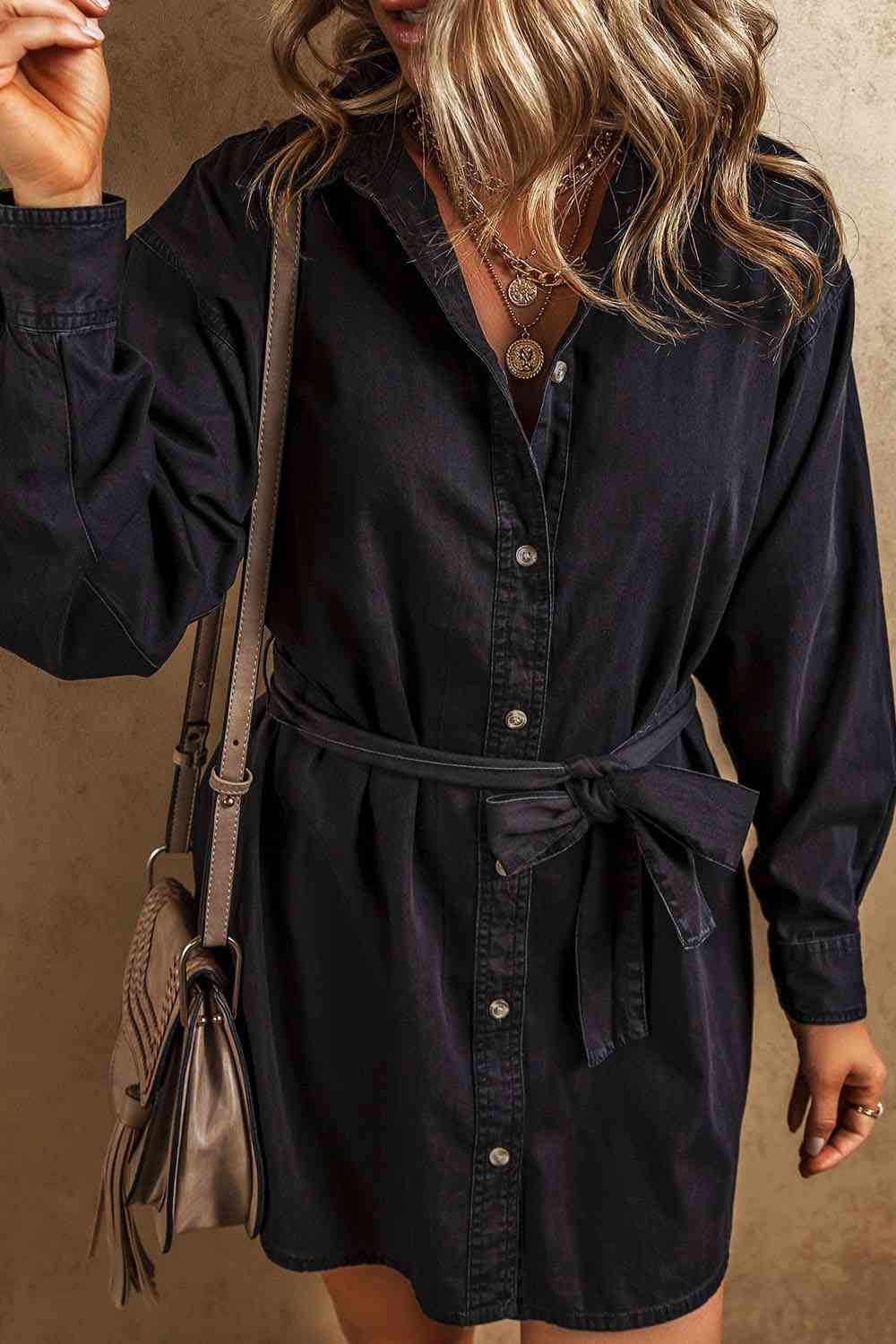 Button Up Collared Neck Denim Dress - Bellisima Clothing Collective