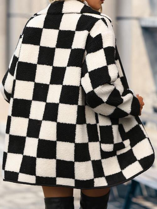Checkered Button Front Coat with Pockets by Double Take - Bellisima Clothing Collective