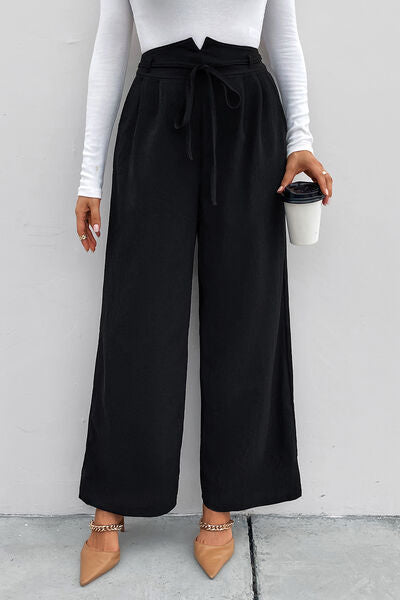 High Waist Tie Front Wide Leg Pants - Bellisima Clothing Collective