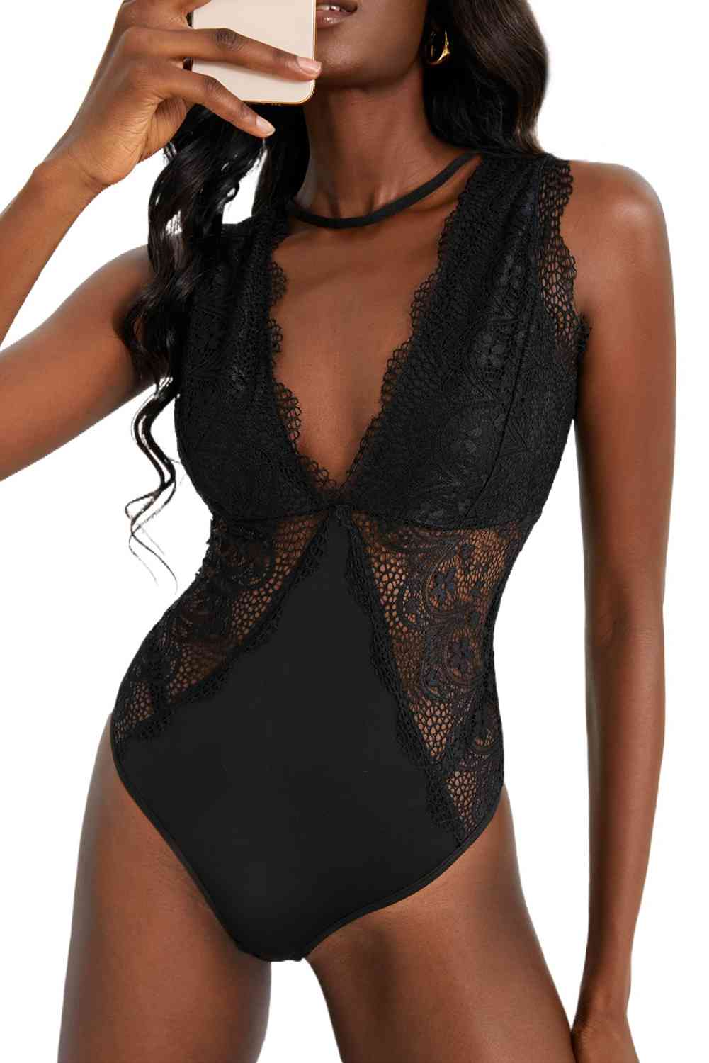 Lace Scalloped Trim Open Back Bodysuit - Bellisima Clothing Collective