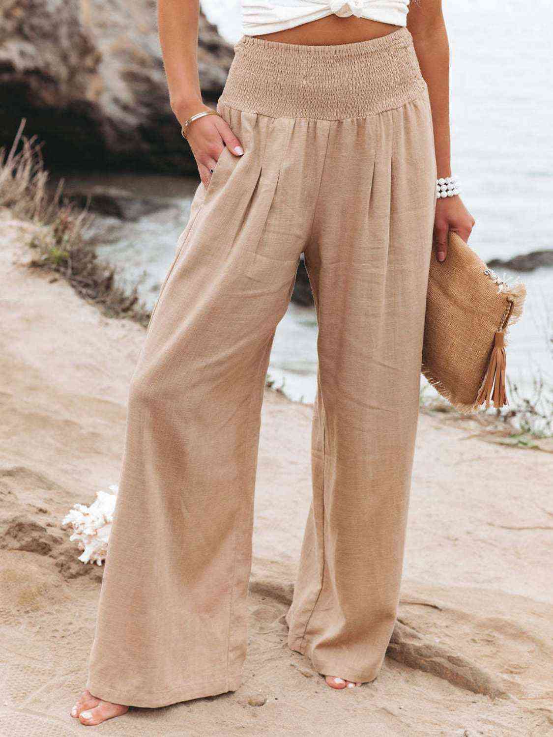 Full Size Smocked Waist Wide Leg Pants - Bellisima Clothing Collective