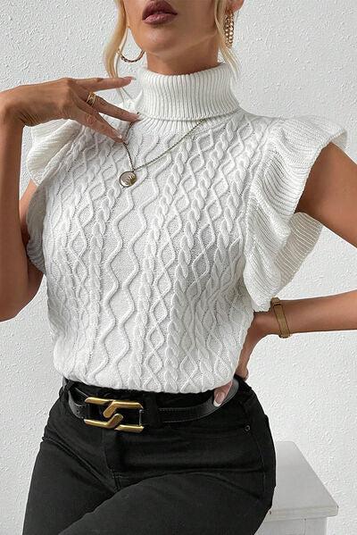 Cable-Knit Turtleneck Cap Sleeve Sweater - Bellisima Clothing Collective