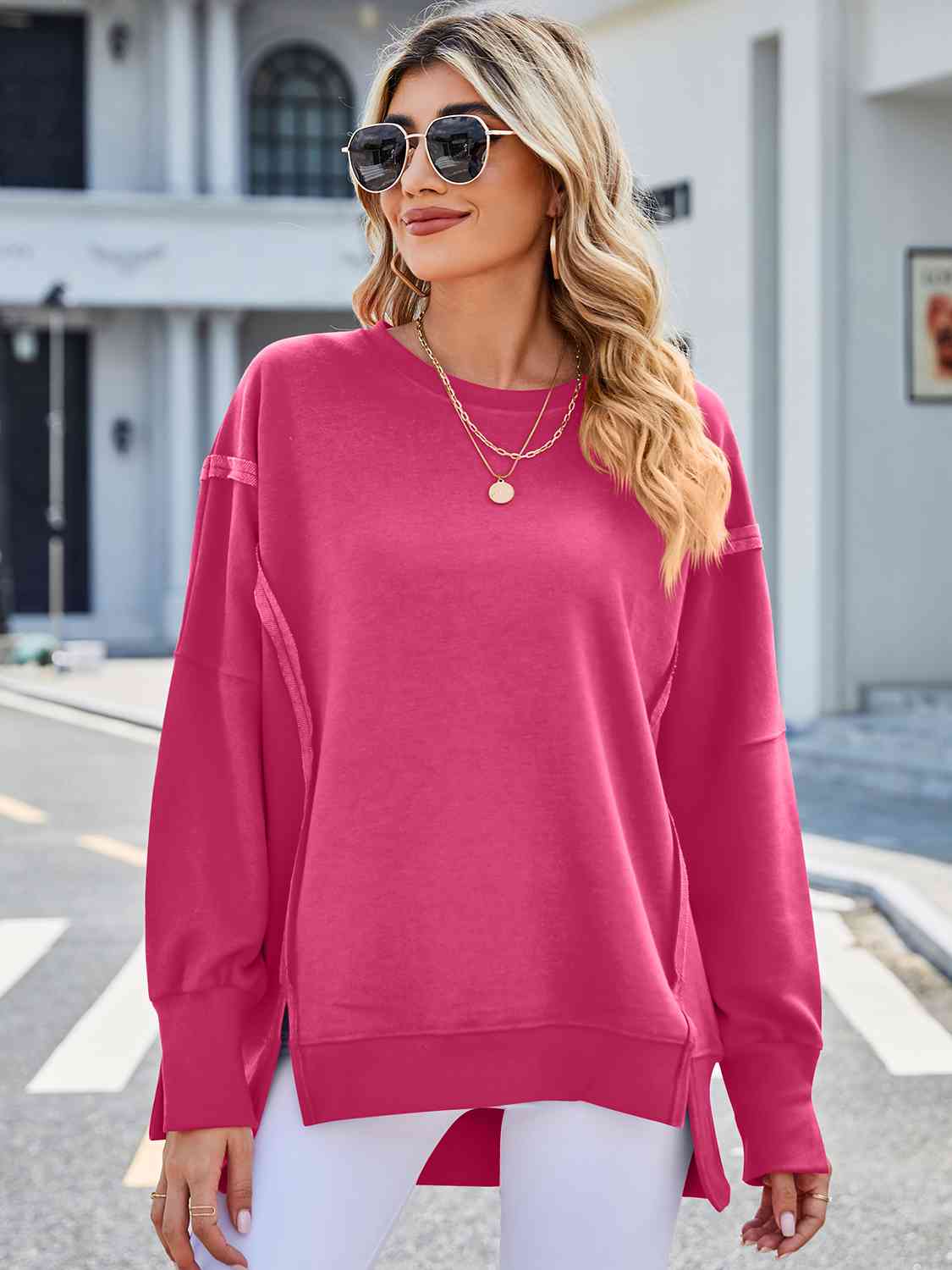 Exposed Seam High-Low Round Neck Sweatshirt - Bellisima Clothing Collective