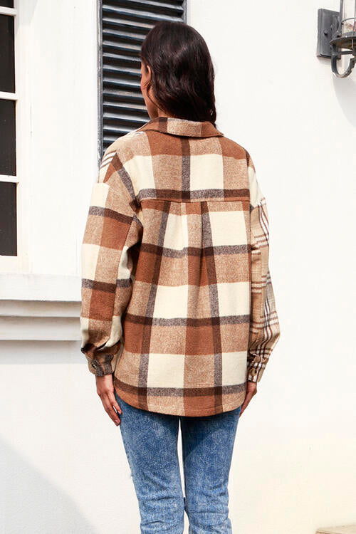 Plaid Button Up Collared Neck Long Sleeve Shacket - Bellisima Clothing Collective