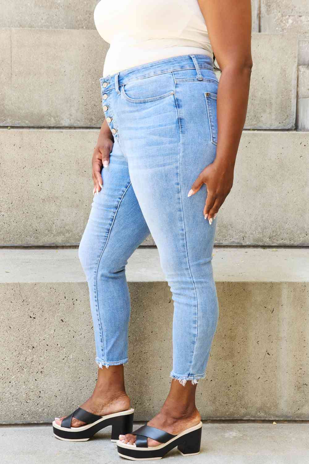 Button Fly Raw Hem Jeans by Judy Blue - Bellisima Clothing Collective