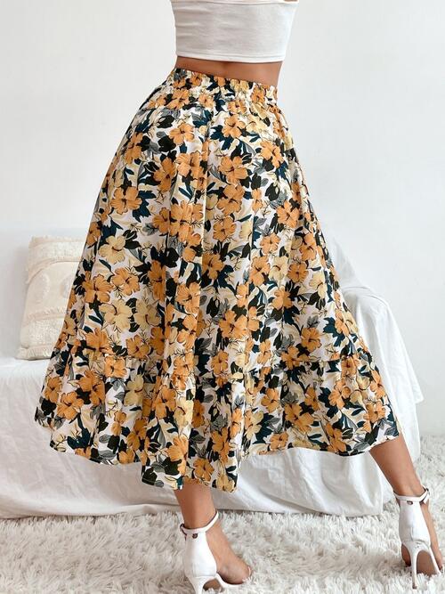 Floral Ruffle Hem Midi Skirt - Bellisima Clothing Collective