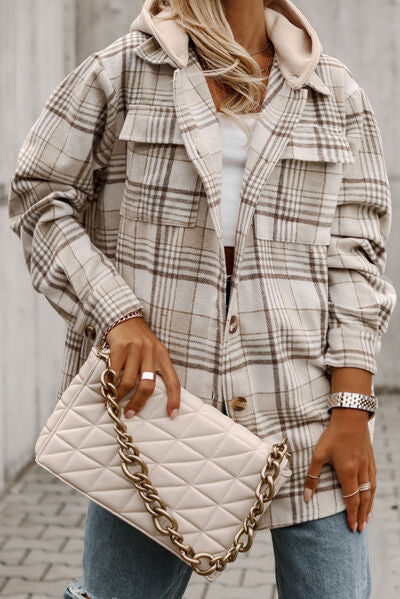 Plus Plaid Button Up Hooded Jacket - Bellisima Clothing Collective