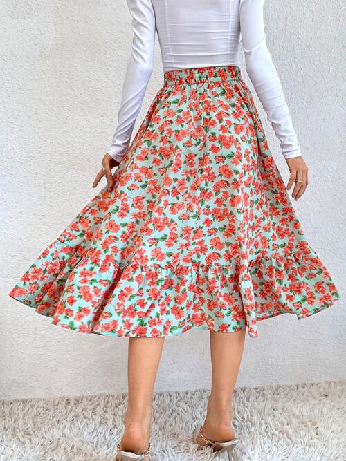 Floral Ruffle Hem Midi Skirt - Bellisima Clothing Collective