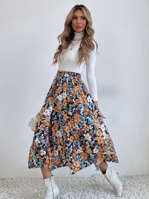 Floral Ruffle Hem Midi Skirt - Bellisima Clothing Collective