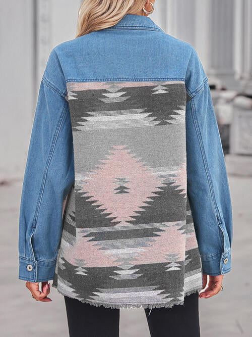 Geometric Raw Hem Button Up Denim Jacket - Bellisima Clothing Collective