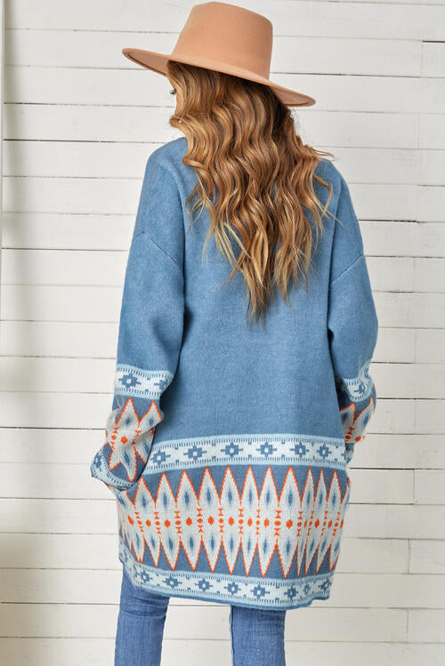 Geometric Open Front Long Sleeve Cardigan - Bellisima Clothing Collective