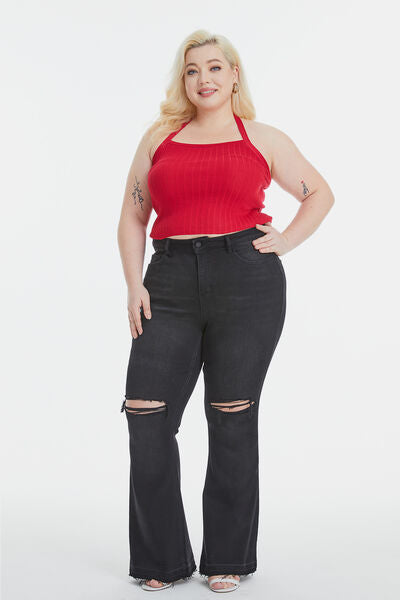 BAYEAS Full Size High Waist Distressed Raw Hem Flare Jeans - Bellisima Clothing Collective