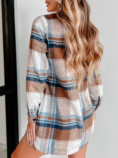 Plaid Double-Breasted Long Sleeve Coat - Bellisima Clothing Collective