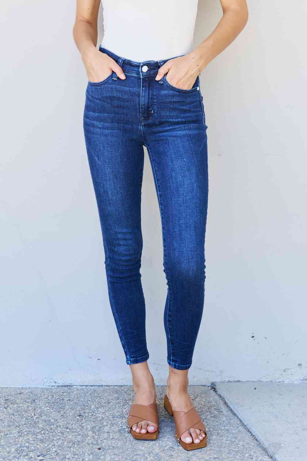 Marie Mid Rise Crinkle Ankle Detail Skinny Jeans by Judy Blue - Bellisima Clothing Collective